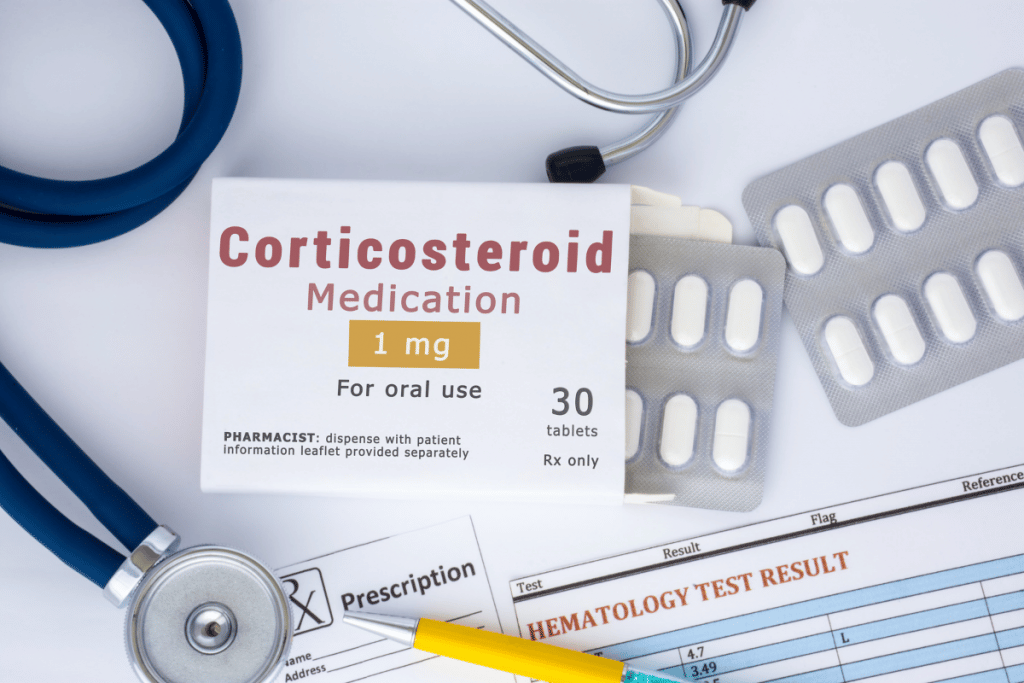 Image shows oral cortocosteroid pills for a frozen shoulder patient. Text on the box says "Pharmacist: dispense with patient information leaflet provided separately".