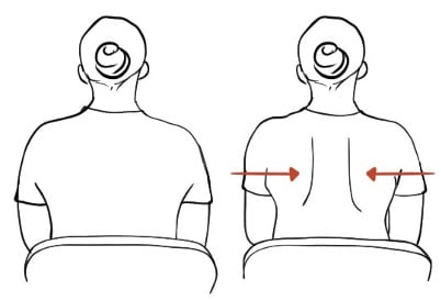 Shoulder Bursitis exercise- shoulder blade squeeze. Diagram shows a person sitting upright, pulling their shoulder blades toward each other into the centre of the body.