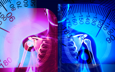 Image shows a person and their muscoskeleton with goniometers that measure range of motion