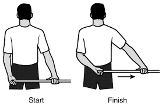 Shoulder Bursitis Exercise showing Active assisted shoulder rotations with cane. Image shows a person holding a stick with both hands behind their back, the cane is horizontal to the floor. Keeping the cane parallel with the ground, push the cane sideways until the pushing hand is at the centre of the body.