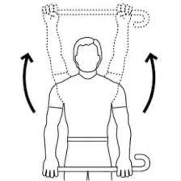 Shoulder bursitis exercise - image shows a person holding a cane with both hands, the cane horizontal to the floor. Upward arrows indicate moving arms up with thumbs facing down.