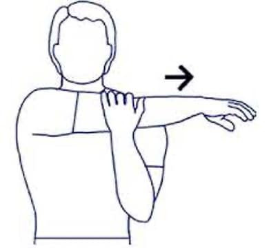 Cross Body stretch diagram for shoulder bursitis. Bring your sore arm across the shoulder, parallel with the floor. Use the other arm to press on the elbow towards your chest, stretching the shoulder of the injured arm.